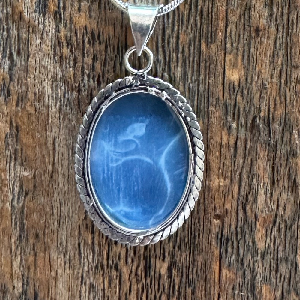 Handmade Owyhee Blue Opal Pendant with Chain 925 Sterling Silver - Picture 5 of 8